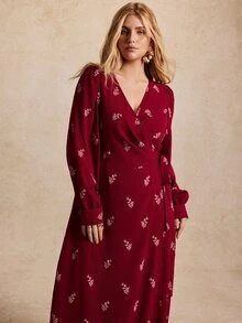 Écloséra Curve Plus Size Women's Best-Selling Elegant V-Neck French Style Dress With 3D Floral Contrast Color, Slimming Minimalist Asymmetrical Silhouette With Bow Waist Belt, Versatile For Daily Wear, Commuting, Dating, Gatherings, Inner Layer Or Outer Dress - Red - View 6