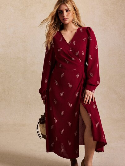 Écloséra Curve Plus Size Women's Best-Selling Elegant V-Neck French Style Dress With 3D Floral Contrast Color, Slimming Minimalist Asymmetrical Silhouette With Bow Waist Belt, Versatile For Daily Wear, Commuting, Dating, Gatherings, Inner Layer Or Outer Dress