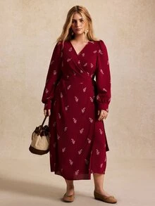 Écloséra Curve Plus Size Women's Best-Selling Elegant V-Neck French Style Dress With 3D Floral Contrast Color, Slimming Minimalist Asymmetrical Silhouette With Bow Waist Belt, Versatile For Daily Wear, Commuting, Dating, Gatherings, Inner Layer Or Outer Dress - Red - View 7