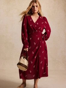 Écloséra Curve Plus Size Women's Best-Selling Elegant V-Neck French Style Dress With 3D Floral Contrast Color, Slimming Minimalist Asymmetrical Silhouette With Bow Waist Belt, Versatile For Daily Wear, Commuting, Dating, Gatherings, Inner Layer Or Outer Dress - Red - View 5