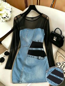 GlowEve CURVE Plus Size Casual Streetwear Stretch Mesh Patchwork Denim Print Bodycon Mini Dress Fall - Blue - View 1