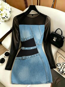 GlowEve CURVE Plus Size Casual Streetwear Stretch Mesh Patchwork Denim Print Bodycon Mini Dress Fall - Blue - View 2