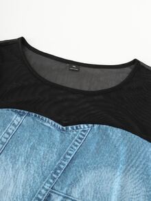 GlowEve CURVE Plus Size Casual Streetwear Stretch Mesh Patchwork Denim Print Bodycon Mini Dress Fall - Blue - View 6