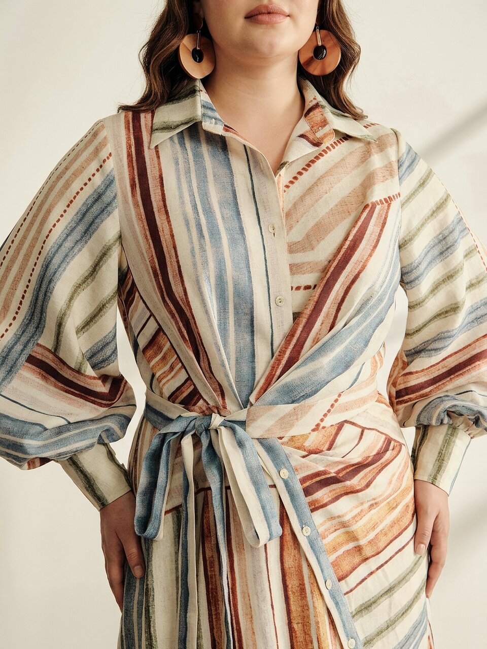 Anewsta Elegant Plus Size Maxi Shirt Dress With Folk Custom Stripe Print Belted Design Bishop Sleeves And Collar Neckline Perfect For Resort Wear Vacation Outfits