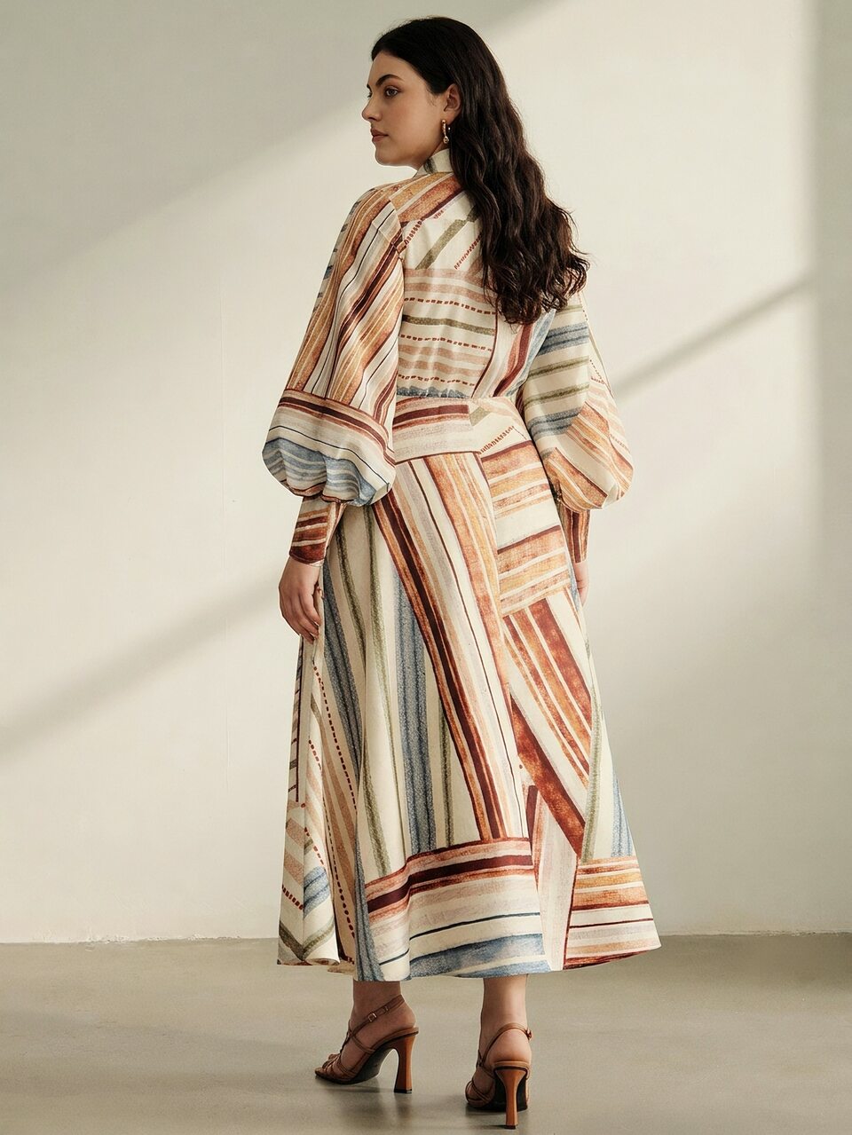 Anewsta Elegant Plus Size Maxi Shirt Dress With Folk Custom Stripe Print Belted Design Bishop Sleeves And Collar Neckline Perfect For Resort Wear Vacation Outfits