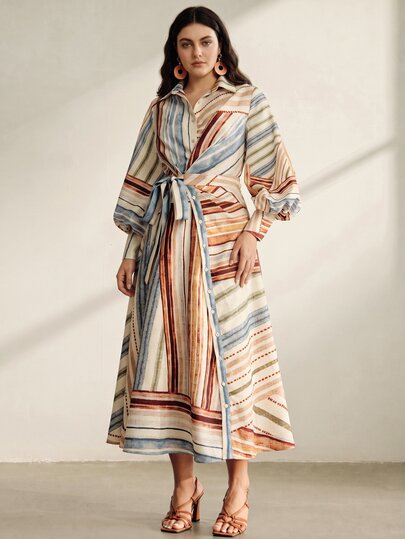 Anewsta Women's Plus Size Vintage Colorblock Striped Collared Waist-Cinching Shirt Dress, Summer & Autumn Fall