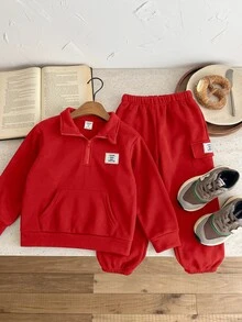 SHEIN 兒童男童 2件組休閒套裝－立領套頭連帽衛衣與保暖內裡秋季長褲，適合冬季、學校、開學穿著，舒適套裝 - 紅色 - 查看 3
