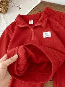 SHEIN 兒童男童 2件組休閒套裝－立領套頭連帽衛衣與保暖內裡秋季長褲，適合冬季、學校、開學穿著，舒適套裝 - 紅色 - 查看 7