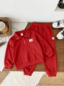SHEIN 兒童男童 2件組休閒套裝－立領套頭連帽衛衣與保暖內裡秋季長褲，適合冬季、學校、開學穿著，舒適套裝 - 紅色 - 查看 4