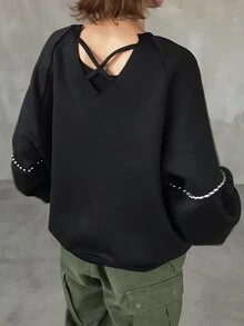 FRIFUL Women's Raglan Long Sleeve Crew Neck Loose Casual Sweatshirt Holiday Night Black Autumn Vacation - Black - View 5