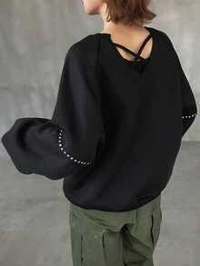 FRIFUL Women's Raglan Long Sleeve Crew Neck Loose Casual Sweatshirt Holiday Night Black Autumn Vacation - Black - View 8