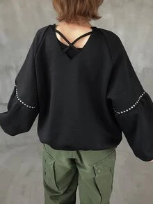 FRIFUL Women's Raglan Long Sleeve Crew Neck Loose Casual Sweatshirt Holiday Night Black Autumn Vacation - Black - View 3