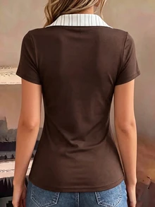 Selamara 女款時尚百搭條紋拼色短袖T恤 - 咖啡棕 - 查看 2