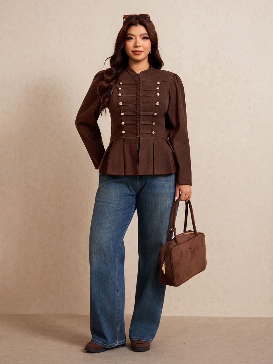 Elaquor Plus Size Women's Long Sleeve Button Design Pleated Hem Casual Jacket Fall