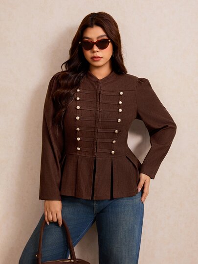 Elaquor Chaqueta casual de manga larga con diseño de botones y bajo plisado para mujer talla grande, otoño