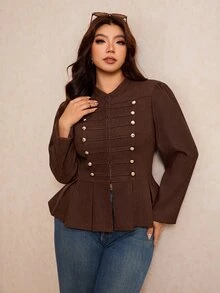 Elaquor Plus Size Women's Long Sleeve Button Design Pleated Hem Casual Jacket Fall - Chocolate Brown - View 7