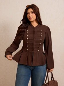 Elaquor Plus Size Women's Long Sleeve Button Design Pleated Hem Casual Jacket Fall - Chocolate Brown - View 5