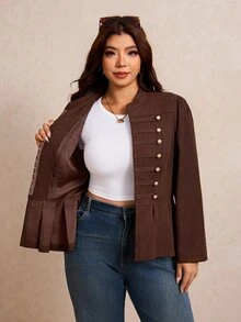 Elaquor Plus Size Women's Long Sleeve Button Design Pleated Hem Casual Jacket Fall - Chocolate Brown - View 9