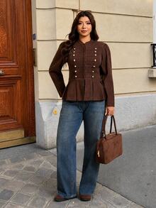 Elaquor Plus Size Women's Long Sleeve Button Design Pleated Hem Casual Jacket Fall - Chocolate Brown - View 8
