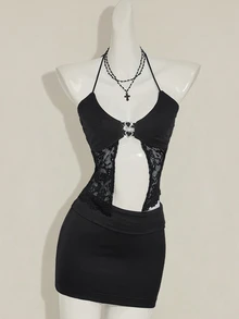 SHEIN ICON Y2K Style Black Contrast Lace & Rhinestones Decor Backless Top And Bodycon Mini Skirt Set - Black - View 4