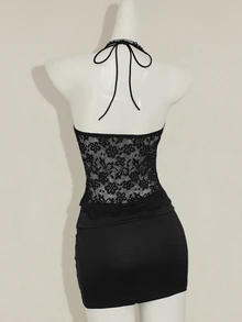 SHEIN ICON Y2K Style Black Contrast Lace & Rhinestones Decor Backless Top And Bodycon Mini Skirt Set - Black - View 2
