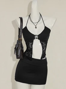 SHEIN ICON Y2K Style Black Contrast Lace & Rhinestones Decor Backless Top And Bodycon Mini Skirt Set - Black - View 8