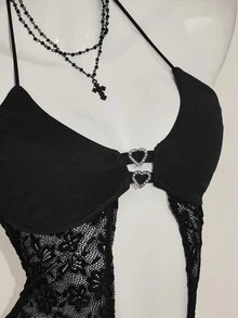SHEIN ICON Y2K Style Black Contrast Lace & Rhinestones Decor Backless Top And Bodycon Mini Skirt Set - Black - View 7