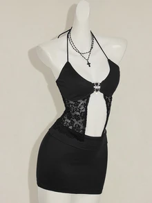 SHEIN ICON Y2K Style Black Contrast Lace & Rhinestones Decor Backless Top And Bodycon Mini Skirt Set - Black - View 6