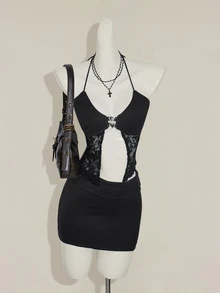 SHEIN ICON Y2K Style Black Contrast Lace & Rhinestones Decor Backless Top And Bodycon Mini Skirt Set - Black - View 5