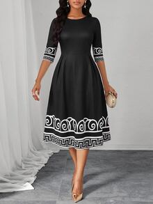 SHEIN Lady Gaun Midi Wanita Elegan dengan Motif Geometris untuk Perjalanan Sehari-hari - Hitam - View 7