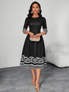 SHEIN Lady Gaun Midi Wanita Elegan dengan Motif Geometris untuk Perjalanan Sehari-hari - Hitam - View 4