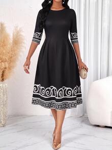 SHEIN Lady Gaun Midi Wanita Elegan dengan Motif Geometris untuk Perjalanan Sehari-hari - Hitam - View 1