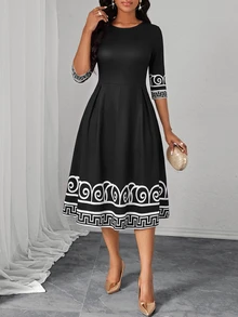 SHEIN Lady Gaun Midi Wanita Elegan dengan Motif Geometris untuk Perjalanan Sehari-hari - Hitam - View 6