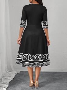 SHEIN Lady Gaun Midi Wanita Elegan dengan Motif Geometris untuk Perjalanan Sehari-hari - Hitam - View 2