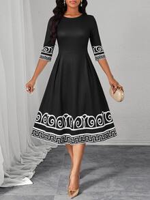 SHEIN Lady Gaun Midi Wanita Elegan dengan Motif Geometris untuk Perjalanan Sehari-hari - Hitam - View 3