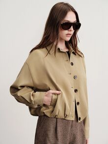 Aveloria Modichic Balloon Flower Bud Pleated Hem Long Sleeve Collared Button-Down Boxy Trench Coat Jacket Office Work Khaki Green Autumn Casual - Khaki - View 6