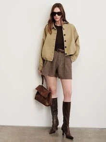 Aveloria Modichic Balloon Flower Bud Pleated Hem Long Sleeve Collared Button-Down Boxy Trench Coat Jacket Office Work Khaki Green Autumn Casual - Khaki - View 4