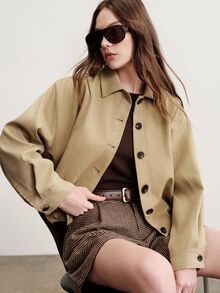 Aveloria Modichic Balloon Flower Bud Pleated Hem Long Sleeve Collared Button-Down Boxy Trench Coat Jacket Office Work Khaki Green Autumn Casual - Khaki - View 7