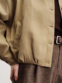 Aveloria Modichic Balloon Flower Bud Pleated Hem Long Sleeve Collared Button-Down Boxy Trench Coat Jacket Office Work Khaki Green Autumn Casual - Khaki - View 1