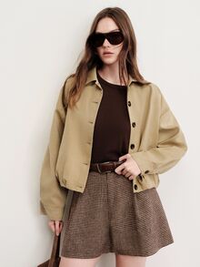 Aveloria Modichic Balloon Flower Bud Pleated Hem Long Sleeve Collared Button-Down Boxy Trench Coat Jacket Office Work Khaki Green Autumn Casual - Khaki - View 2