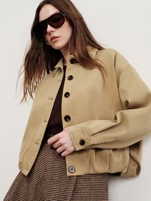 Aveloria Modichic Balloon Flower Bud Pleated Hem Long Sleeve Collared Button-Down Boxy Trench Coat Jacket Office Work Khaki Green Autumn Casual - Khaki - View 8