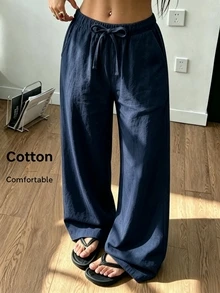 SHEIN Sparklyn 青少年女孩秋季直筒長褲 春夏休閒日常百搭舒適純色口袋長褲 返校穿搭 - 藏蓝色 - 查看 2
