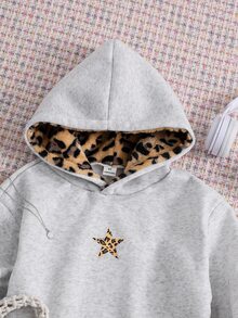 SHEIN Sparklyn Tween Girls Casual Loose Street Leopard Fluffy Hat, Five-Pointed Star Leopard Print Pattern, Hooded Sweatshirt Autumn, Warm School Grey Leopard Print - Multicolor - View 7