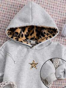 SHEIN Sparklyn Tween Girls Casual Loose Street Leopard Fluffy Hat, Five-Pointed Star Leopard Print Pattern, Hooded Sweatshirt Autumn, Warm School Grey Leopard Print - Multicolor - View 10