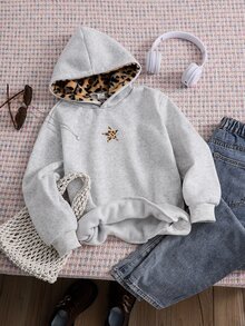 SHEIN Sparklyn Tween Girls Casual Loose Street Leopard Fluffy Hat, Five-Pointed Star Leopard Print Pattern, Hooded Sweatshirt Autumn, Warm School Grey Leopard Print - Multicolor - View 4