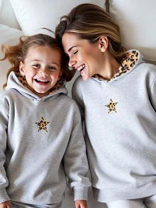 SHEIN Sparklyn Tween Girls Casual Loose Street Leopard Fluffy Hat, Five-Pointed Star Leopard Print Pattern, Hooded Sweatshirt Autumn, Warm School Grey Leopard Print - Multicolor - View 9
