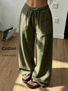 SHEIN Sparklyn 青少年女孩春夏海灘度假休閒日常百搭 100%純棉梭織舒適素色寬鬆長褲附口袋 - 軍綠色 - 查看 6