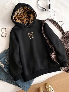 SHEIN Sparklyn Tween Girls Casual Cute Leather Street Leopard Fluffy Hat, Five-Pointed Star Print Pattern, Girl Hooded Sweatshirt, Warm, Autumn, School Black - Black - View 4