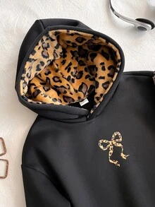 SHEIN Sparklyn Tween Girls Casual Cute Leather Street Leopard Fluffy Hat, Five-Pointed Star Print Pattern, Girl Hooded Sweatshirt, Warm, Autumn, School Black - Black - View 5