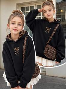 SHEIN Sparklyn Tween Girls Casual Cute Leather Street Leopard Fluffy Hat, Five-Pointed Star Print Pattern, Girl Hooded Sweatshirt, Warm, Autumn, School Black - Black - View 2